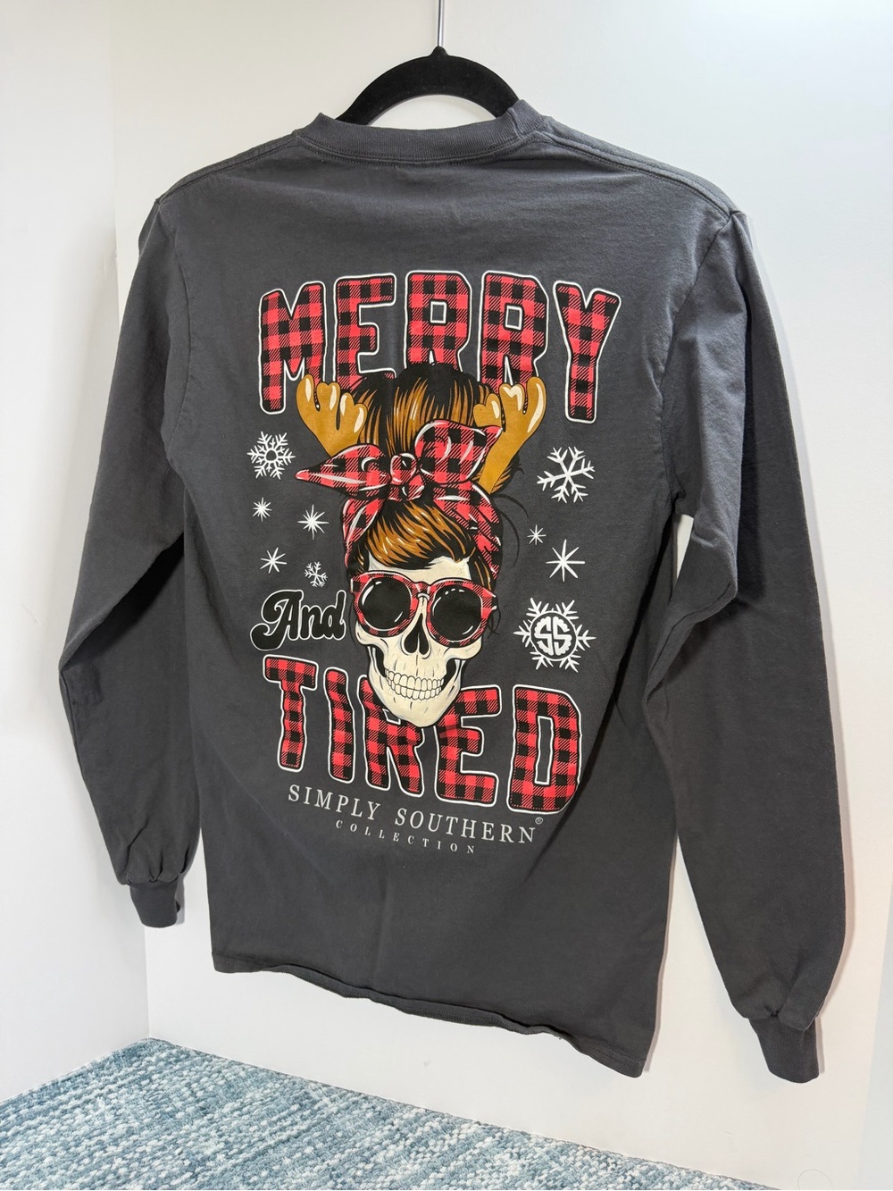 Simply Southern Dark Gray 'Merry & Tired' Plaid Graphic Long Sleeve